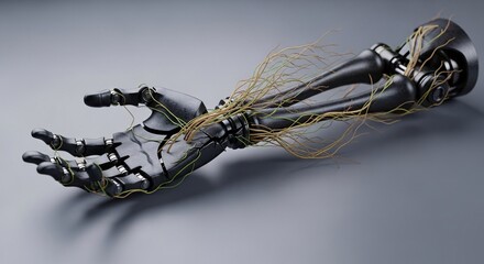 Detailed robotic arm with organic plant roots and wires on a neutral gray background.