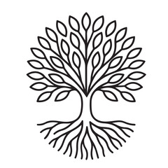 Detailed stylized drawing of tree with leaves, branches, and roots in black and white minimalist abstract style.