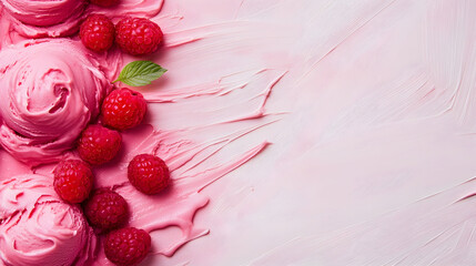 Delicious raspberry ice cream with fresh raspberries background, sweet dessert concept