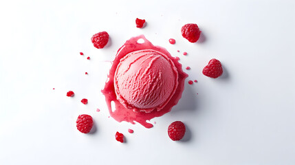 Raspberry ice cream scoop with fresh raspberries and sauce on white background, top view