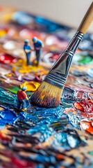 Miniature workers painting with brush and colorful paint