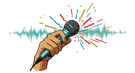 Hand holding microphone with sound waves