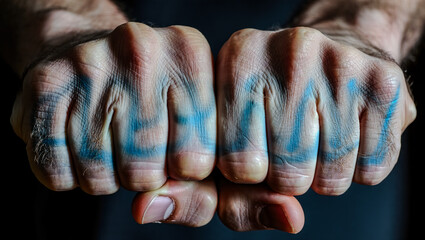 Obraz premium Close-up of clenched fists with visible veins and tension, expressing raw anger and fierce determination.