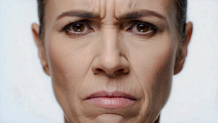 Close-up of a middle-aged woman with furrowed brow and tightly pressed lips, expressing deep concentration or worry.