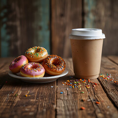 Coffee and Donuts on Rustic Wooden Table with Sprinkles