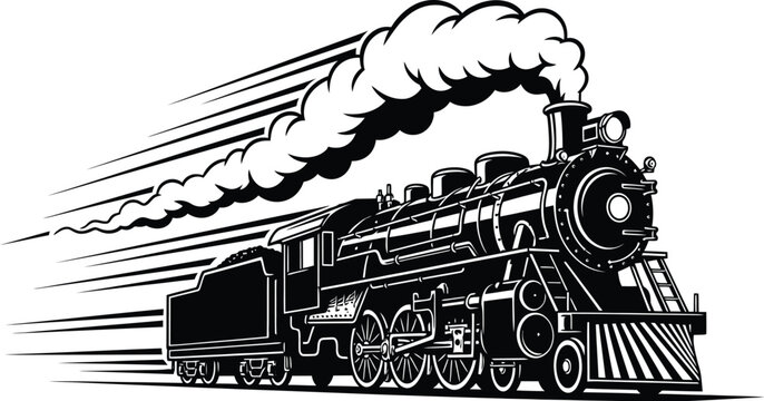 A vintage steam train speeds ahead, depicted in a bold black and white vector illustration with dynamic motion lines and smoke.
