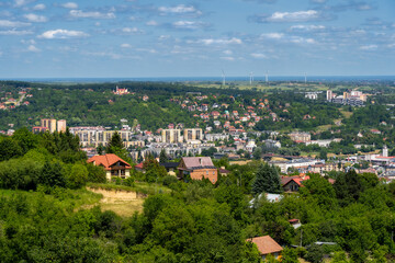 The city of Przemyśl - surrounded by windmills. Ecological city, sustainable development, green energy in Podkarpackie, Poland