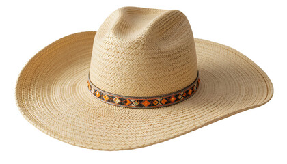 Close-Up of Straw Cowboy Hat – Light Beige Wide-Brim Hat with Patterned Decorative Band Isolated on Transparent Background