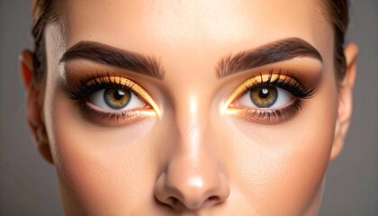 Obraz premium Close Up Portrait of Female Eyes with Dramatic Brown and Gold Eye Shadow Highlighting Eyelashes and Eyebrows against a Soft Gray Background