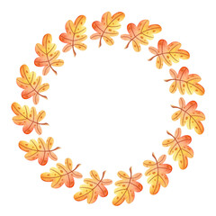 Obraz premium Watercolor round autumn frame. Botanical illustration on white background. Wedding invitation autumn. Greeting card. Yellow-orange foliage. Wreath.