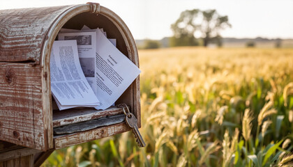 Vintage mailbox filled with letters in golden wheat field  