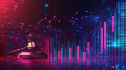 Fototapeta premium Gavel on reflective surface with vibrant financial data charts and graphs in background.