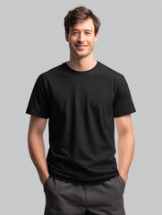 Obraz premium A beautiful male model wearing a black t-shirt. A product shot for fashion and apparel. best use for mockup.
