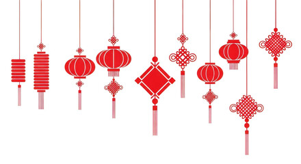 Hanging red chinese lanterns and knots isolated on transparent background