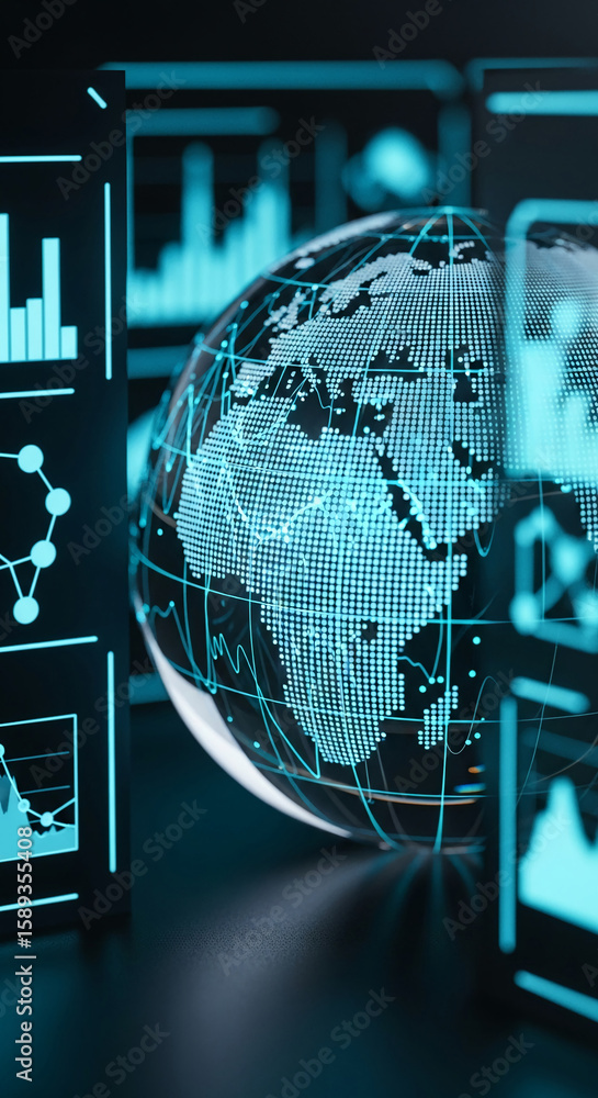 Aufkleber glass globe with digital world map, surrounded by glowing cyan charts and graphs, showcasing global 