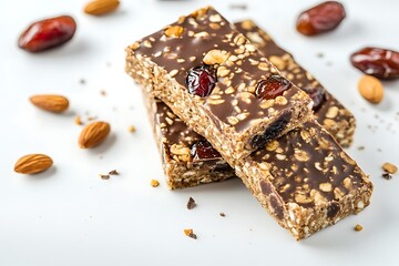 Delicious granola bars with chocolate, dates and almonds for healthy snack and energy boost