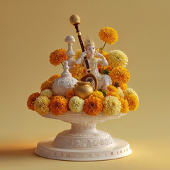 Decorative Baby Krishna Idol with Flute and Marigold Flowers on Ornate Pedestal for Janmashtami Celebration