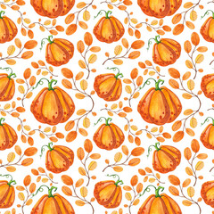 Seamless pattern with autumn pumpkins and leaves. October harvest. Thanksgiving and Halloween. Watercolor illustration for fabrics, textures, wallpapers, posters, cards.
