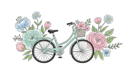 Fototapeta premium Watercolor Bicycle with Floral Arrangement, Mint Green, Basket, and Flowers