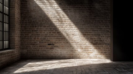 Sunlit brick wall interior with large window and dark floor.