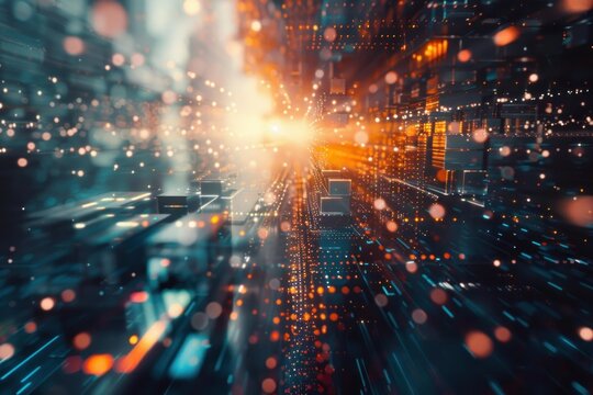 Blurred lights creating an abstract futuristic server room accelerating through cyberspace