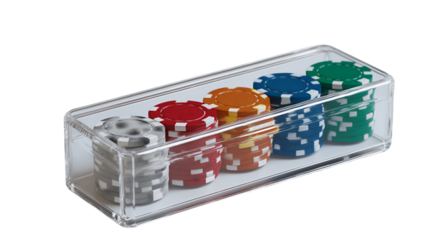 Clear acrylic box of colorful poker chips, isolated on white or transparent background