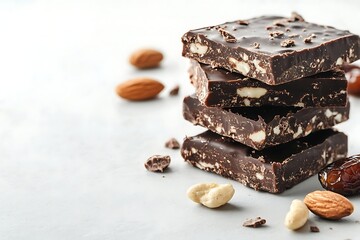 Delicious dark chocolate almond bars stacked high, with dates and nuts for a healthy dessert