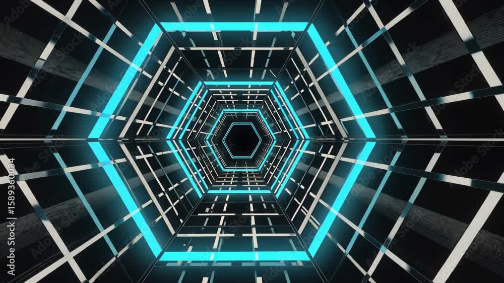 Poster blue 3d like neon hexagonal tunnel stretches into infinity with pulsing grid lines. concept of futur