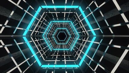 Blue 3d like neon hexagonal tunnel stretches into infinity with pulsing grid lines. Concept of futuristic cyberspace and digital speed. - Powered by Adobe