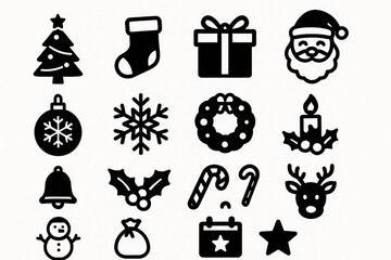 Black and White Christmas Icons Collection – Minimalist Holiday Symbols Set