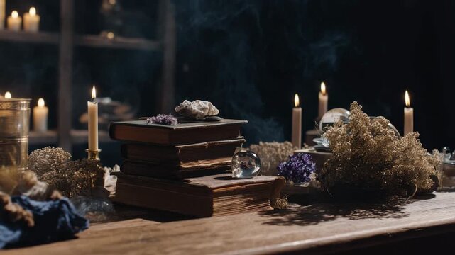 Mystical witch's setup with a smoking cauldron, ancient books, potions, and candles for Halloween.
