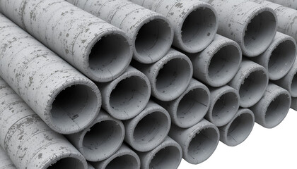 Stacked Concrete Pipes – Weathered Gray Circular Sections with Rough Texture and Visible Joints Close-Up High-Angle View