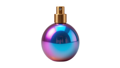 Iridescent Spray Bottle – Small Round Holographic Pink and Blue Container with Gold Nozzle and Metallic Finish Isolated on Transparent Background