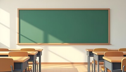 3D render of a minimalist classroom interior with wooden desks