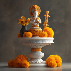 Decorative Baby Krishna Idol with Flute and Marigold Flowers on Ornate Pedestal for Janmashtami Celebration