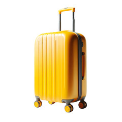 Bright yellow modern suitcase with retractable handle and wheels isolated on transparent background