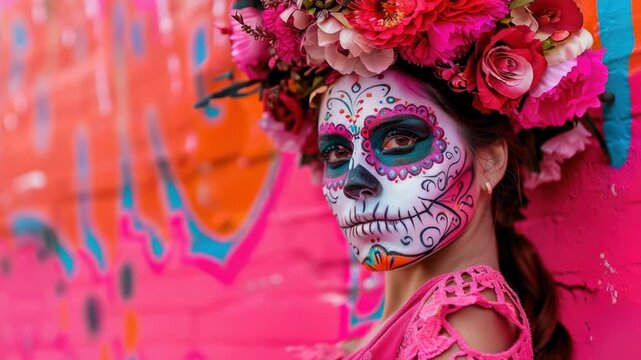 A woman wears sugar skull makeup and flowers in her hair, ideal for Halloween or Dia de los Muertos-themed photoshoots