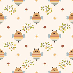 Bee rainbow cartoon so cute. On leaf flower sun mushroom background. Pattern seamless vector illustration. 