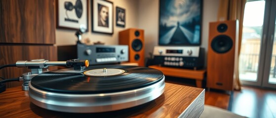 a vintage turntable playing a vinyl record in a cozy listening room