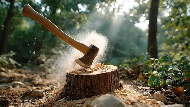 Axe chopping tree stump in forest