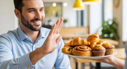 A smiling man politely declines a plate of tempting croissants, muffins, and pastries, a delightful scene in a bright cafe setting.