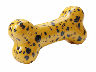 A speckled yellow dog bone toy with black spots isolated on transparent background
