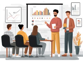 college data committee in vector meeting room reviewing graduation rates, infographic style