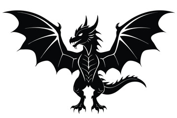 Naklejka premium Silhouette Illustration Black Dragon with Spread Wings, Horns, and Spiked Tail on White Background