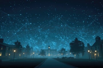 conceptual scene of glowing data constellation linking alumni to core graduation hub