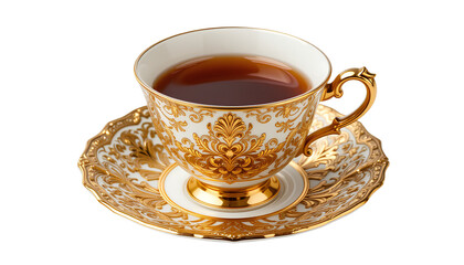 Ornate Golden Teacup and Saucer – Porcelain Rococo Style with Gold Filigree and Dark Tea Isolated on Transparent Background