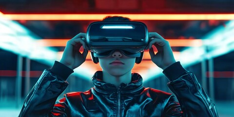 A teenager engages in a virtual reality experience with a sleek headset.