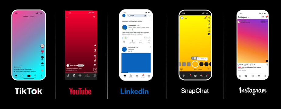 Instagram with photo feeds, Posts; TikTok short videos, effects; LinkedIn professional networking, jobs; YouTube video sharing; Snapchat ephemeral snaps and filters UI mockup