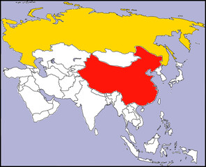 Russia and China Map, Map of Asia highlighting Russia and China with clear borders, no text, ideal for educational, editorial, and geopolitical infographic use.

