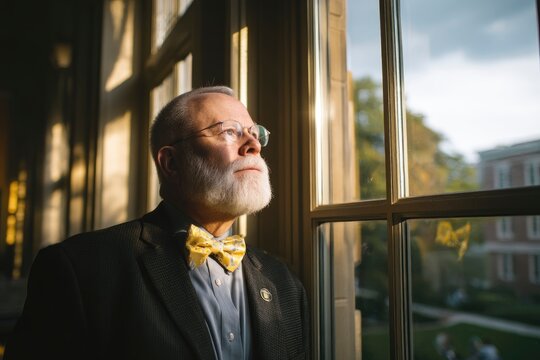 dean reviewing graduation metrics with hope, soft golden light behind large window